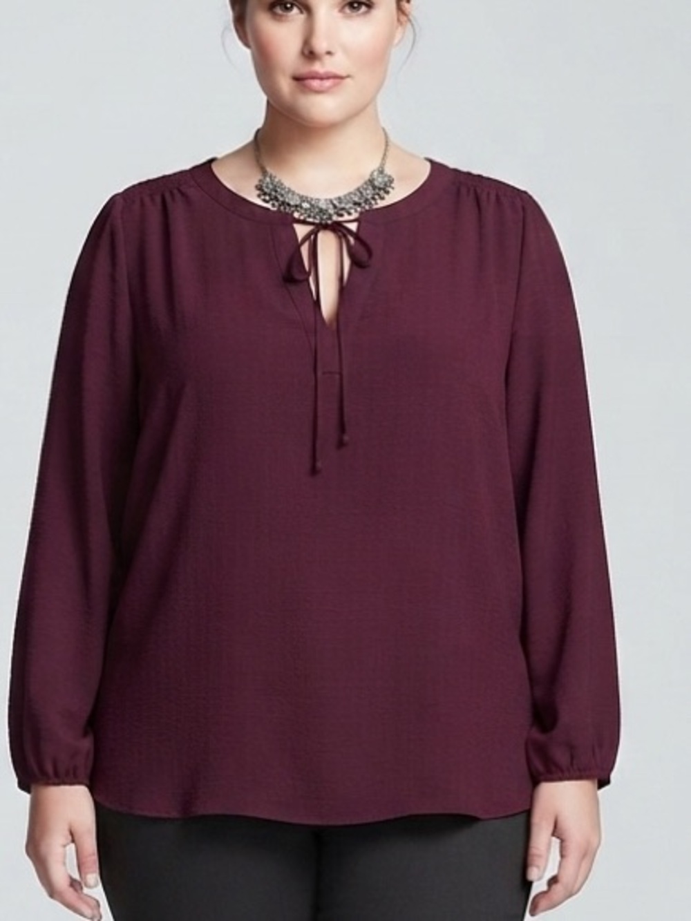 DENVER HAYES Wine Tie-Neck Long Sleeve Blouse size Large